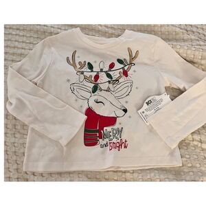 Kids Holiday Long Sleeve T Shirt Merry and Bright Reindeer Christmas Lights NWT